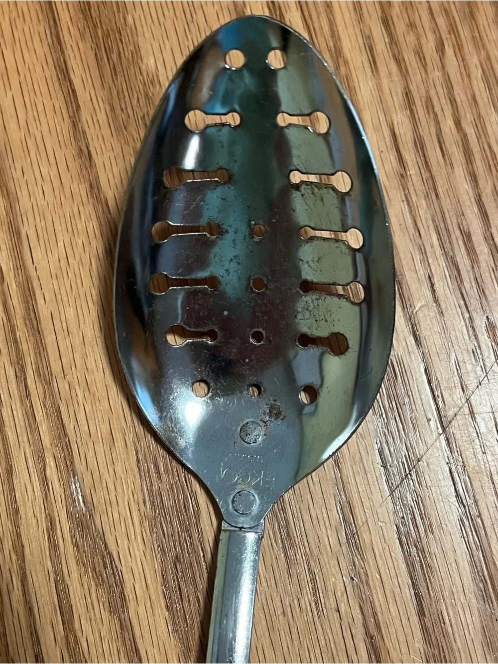 Vintage EKCO SLOTTED SPOON Stainless Steel Black Handle Used